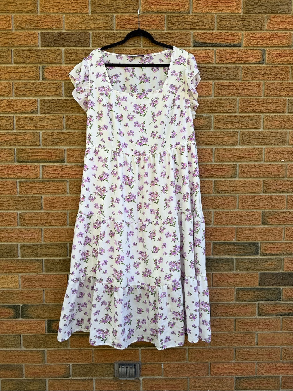 Cream Floral Tiered Dress with Purple Blooms